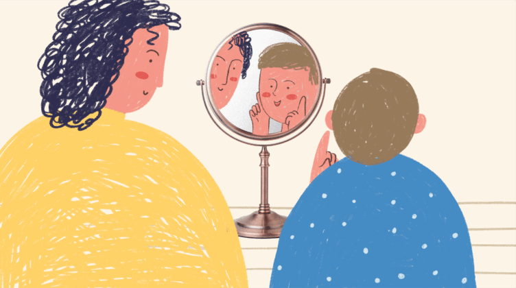 Рисунок - мама и ребенок смотрят в зеркало