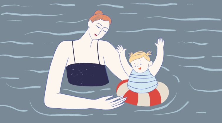 Рисунок - мама и ребенок плавают
